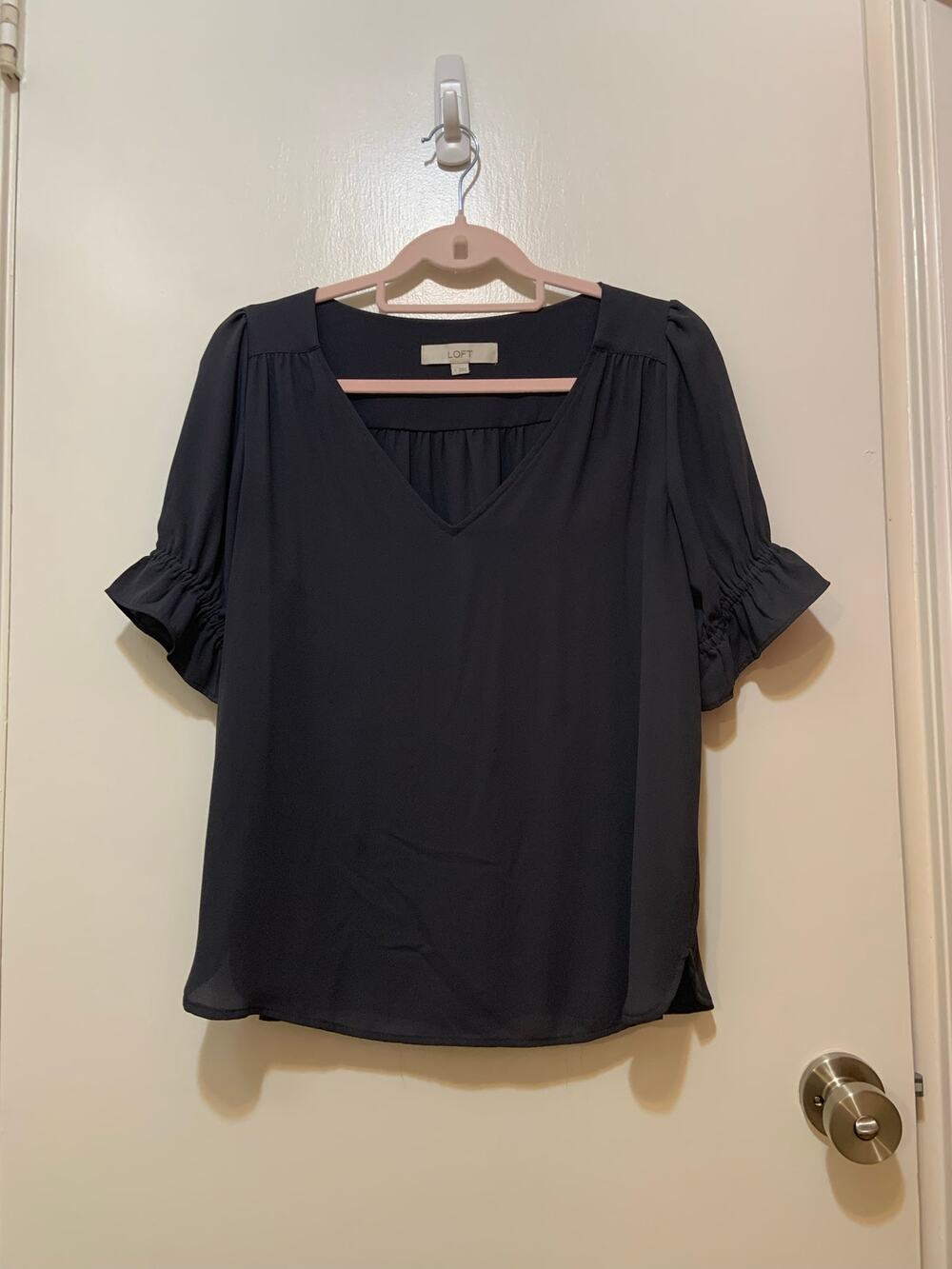 LOFT Smocked Cuff Puff Sleeve V-Neck Blouse Charcoal Grey Size S